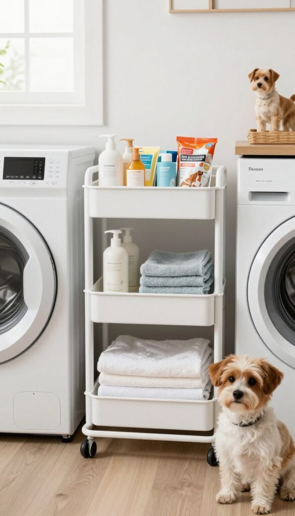 Rolling cart for dog supplies in laundry room