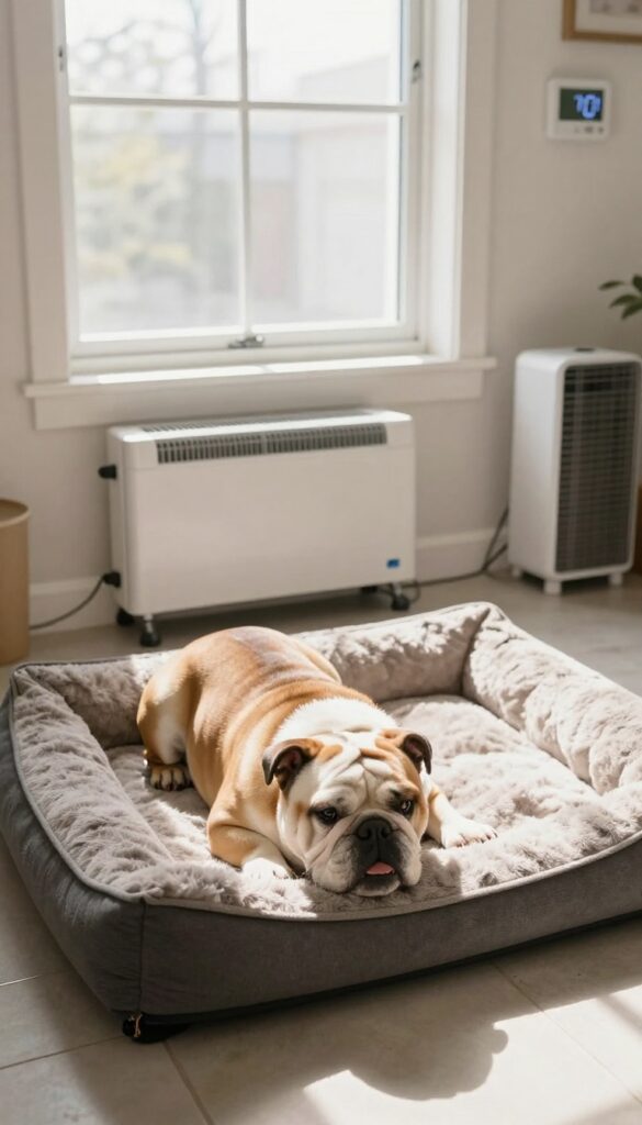 Climate-controlled dog room with bed, heater, AC, and thermometer, bulldog resting comfortably.