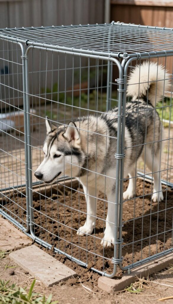 Heavy-duty welded wire kennel with buried mesh and paver base, Husky inside, sunny backyard