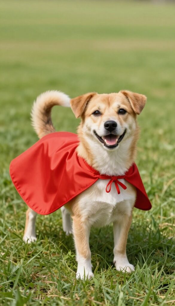 Dog wearing a superhero cape outdoors in natural light