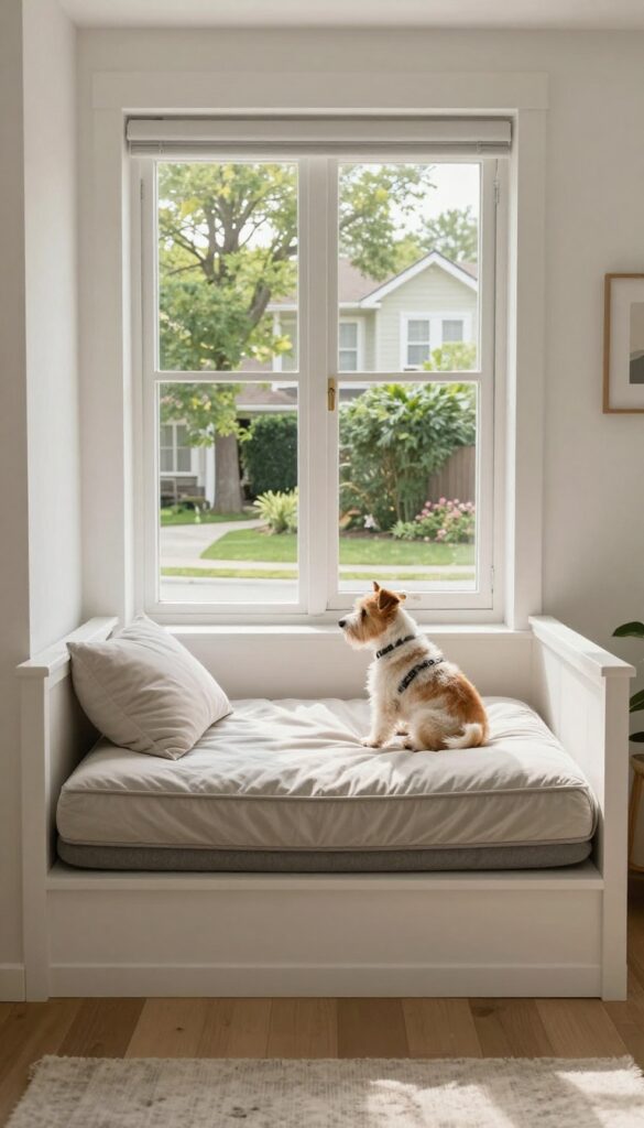 Small terrier dog resting on a plush window seat bed in a cozy living room, looking out the window.