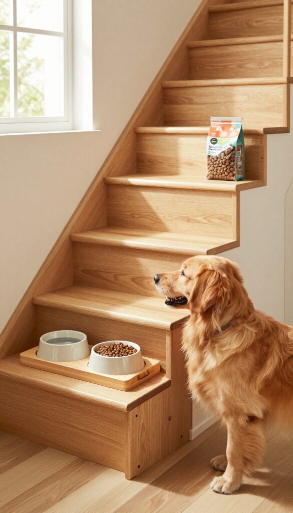 Under-stair dog feeding station with raised bowls on a pull-out tray and shelf above for storage, natural light, cozy vibe.