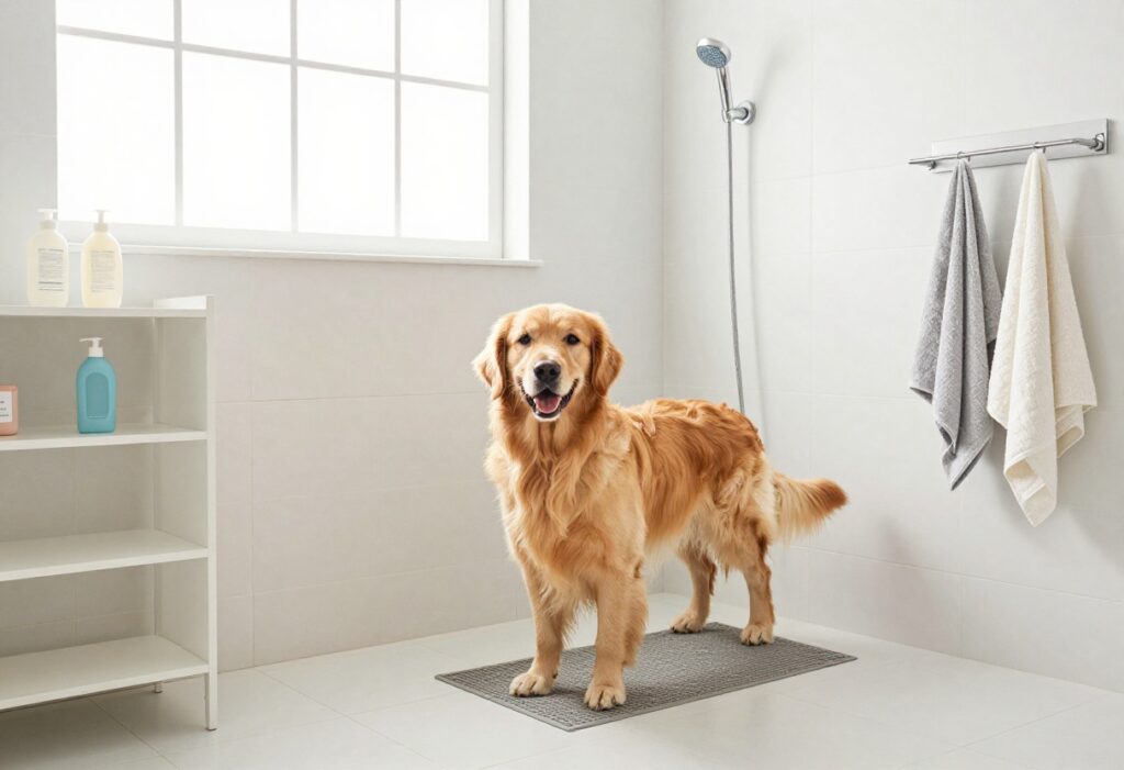 Laundry room with a white tile dog shower and a golden retriever standing on a non-slip mat