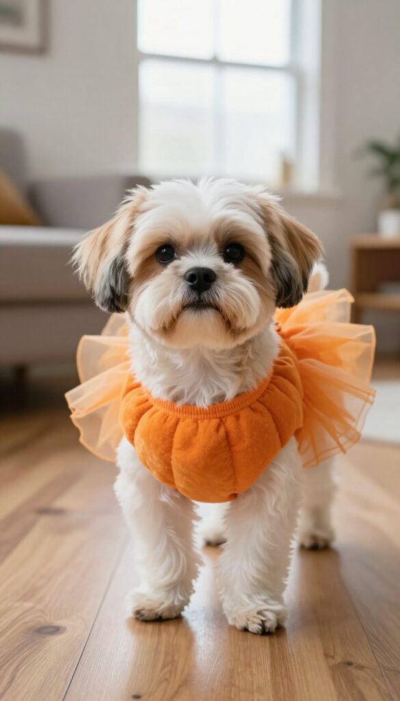 Small Shih Tzu dog wearing a pumpkin tutu costume, standing indoors in natural light.