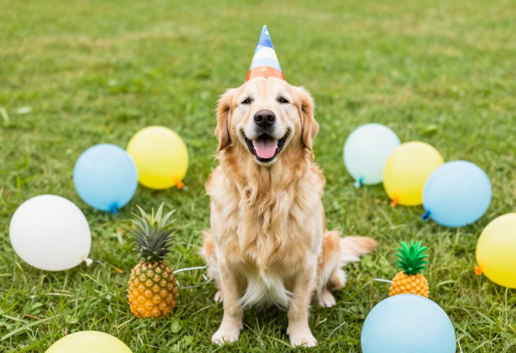 Happy golden retriever at a dog party with balloons and toys