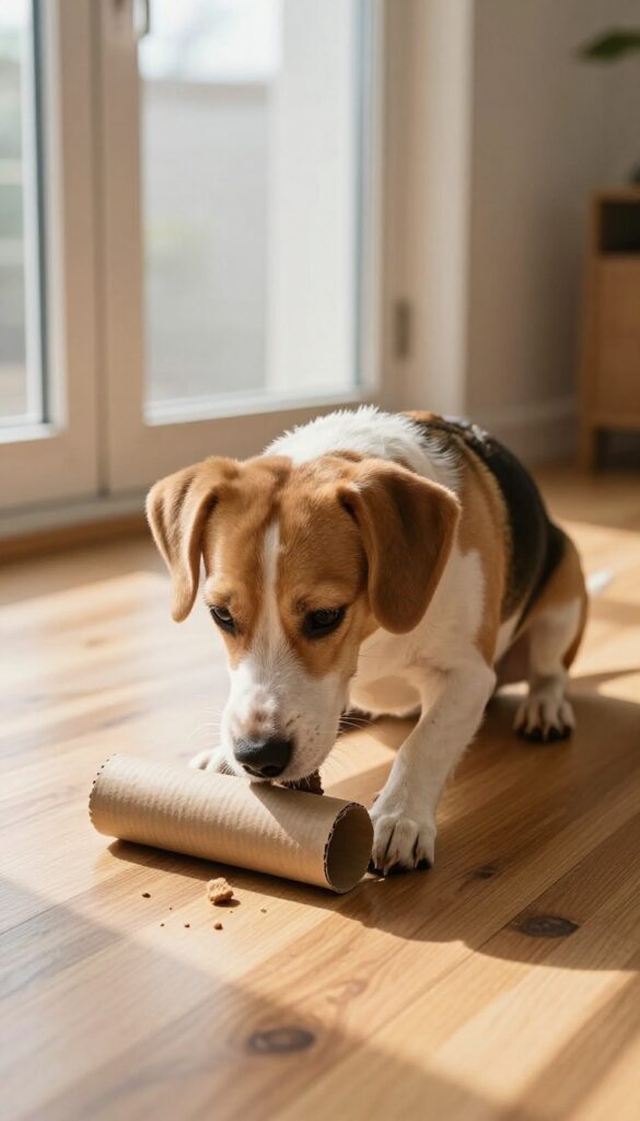 Dog solving a paper towel tube puzzle by chewing and pawing it on a sunlit floor
