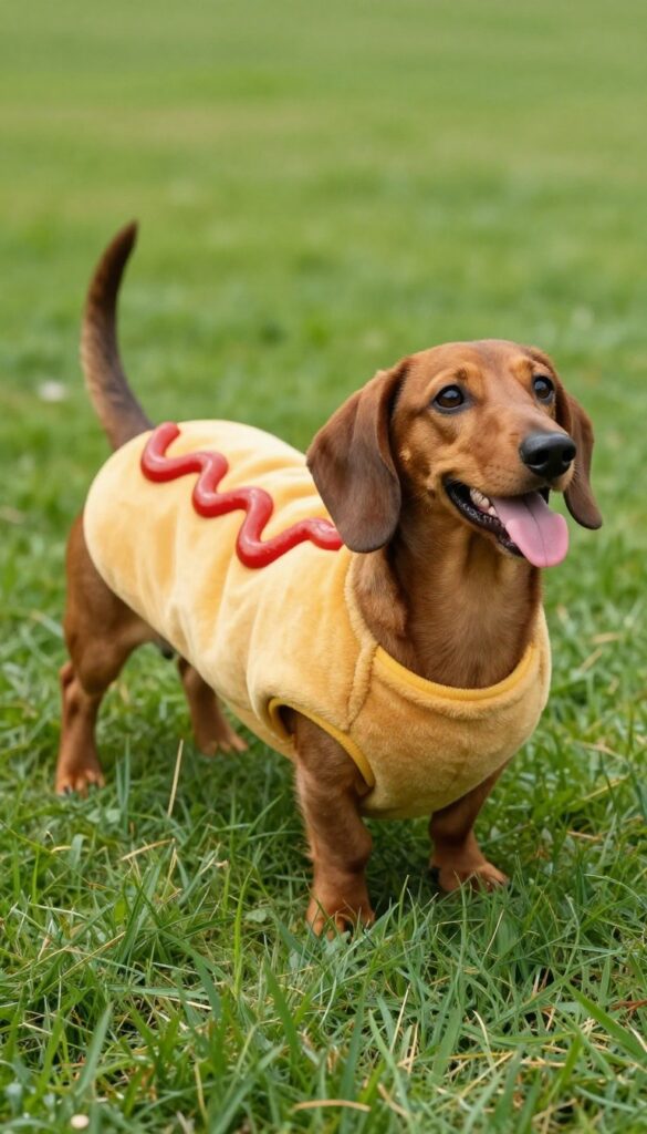 Dachshund wearing a hot dog costume outdoors in natural light