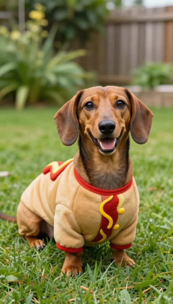 Dog wearing hot dog costume in grassy lawn, bright sunlight, playful expression