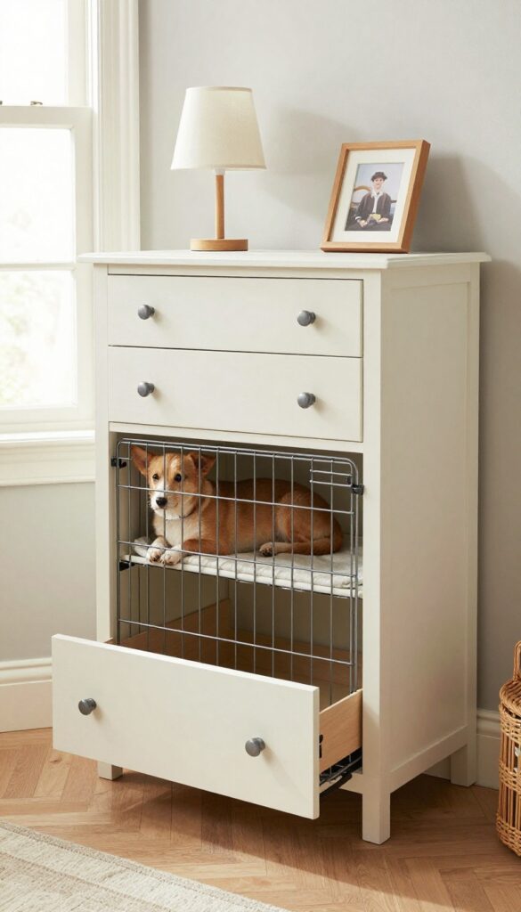 Repurposed dresser with dog crate hidden in bottom opening, top drawers for storage, lamp and photo on top, dog resting inside.