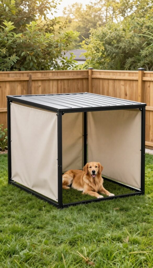 Customizable modular metal dog kennel system in black powder-coated steel, L-shaped layout with roof and shade cloth, golden retriever inside, modern backyard setting.