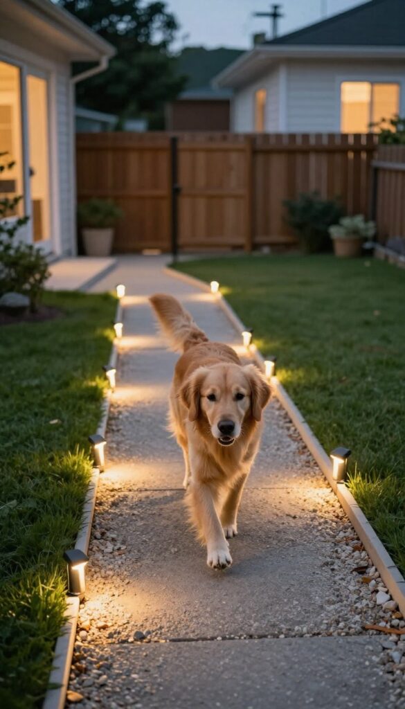 Dog run with solar path lights and motion-activated lighting at dusk, dog walking calmly on lit pathway