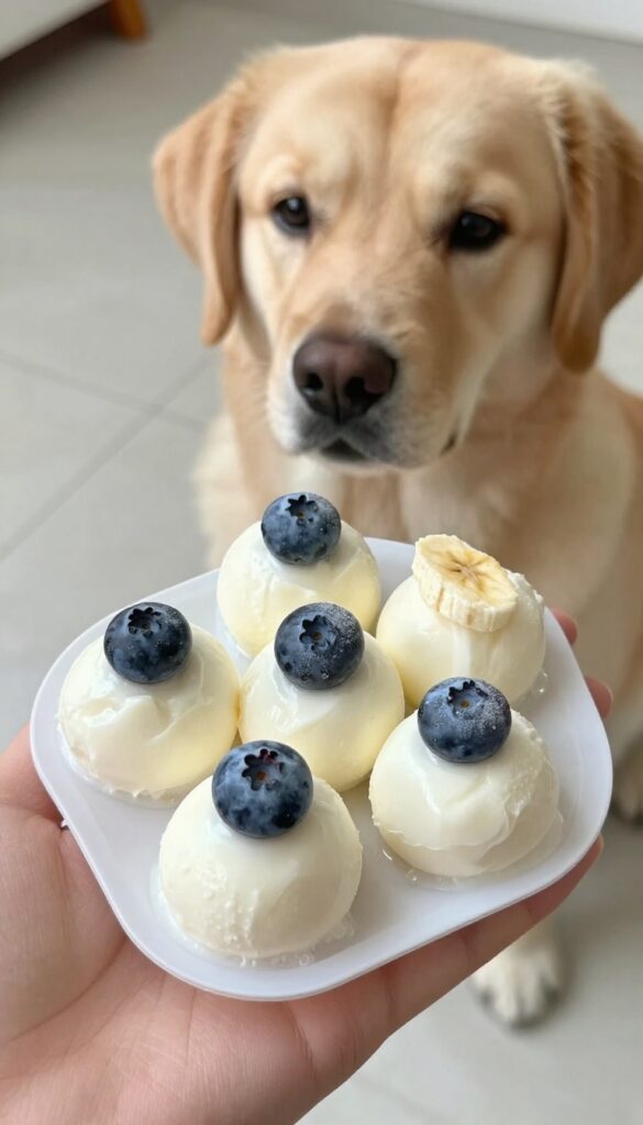 Frozen yogurt drops on a silicone mat with blueberry and banana toppings, dog watching in background