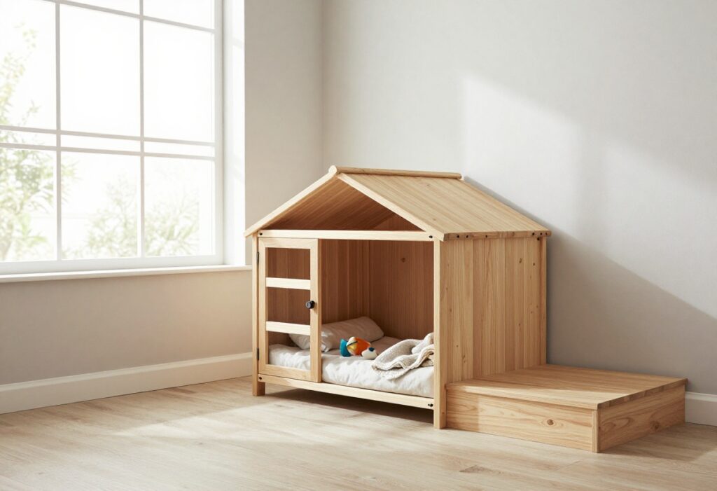 DIY indoor dog kennel built under stairs in a small home, with cozy bedding and toys