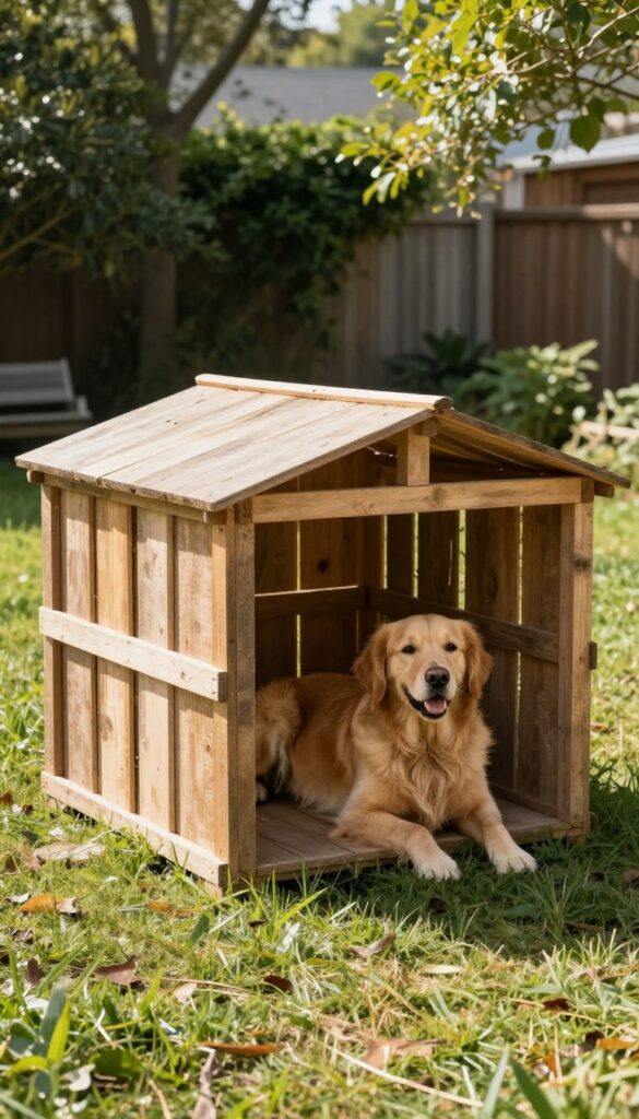 Simple pallet shade kennel in a backyard with a dog resting underneath