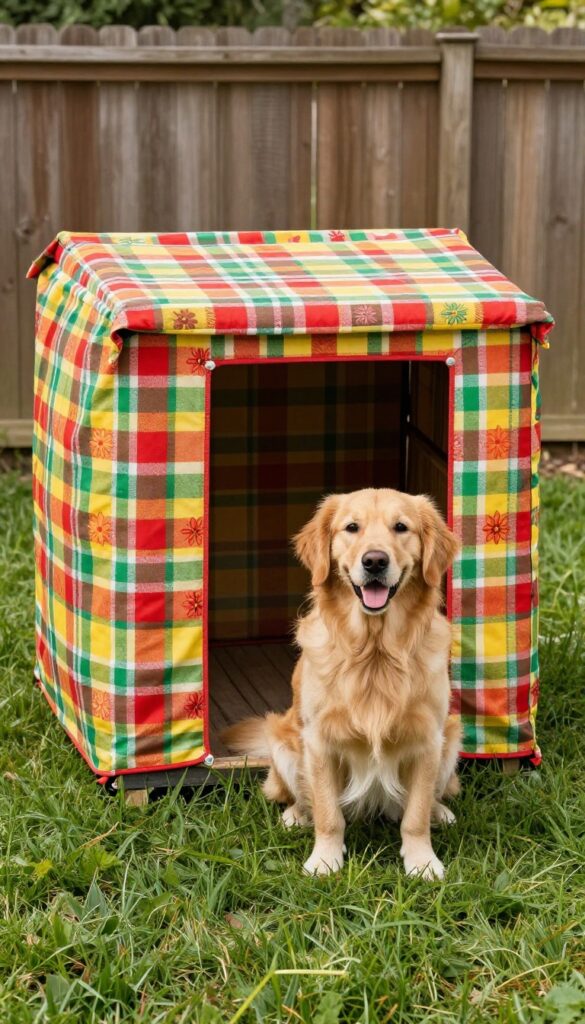 Dog kennel with patterned cover in plaid and floral design, golden retriever beside it in sunny backyard