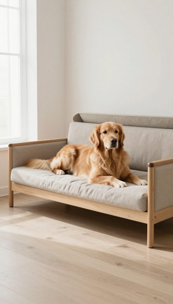 Elevated dog bed with removable cover in a bright living room, a golden retriever resting on it
