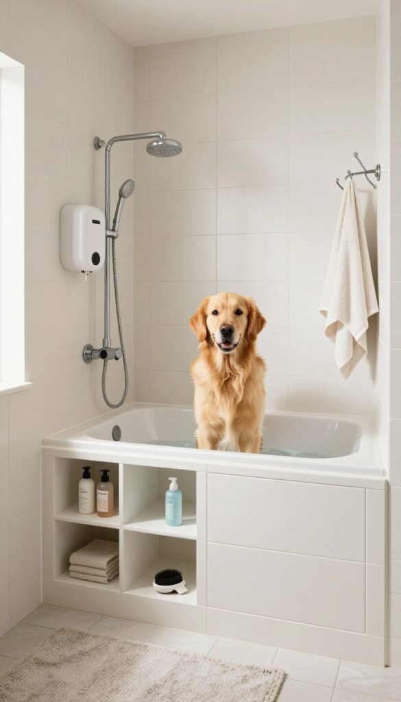 Custom dog washing nook in laundry room with built-in tile tub, storage, and drying station
