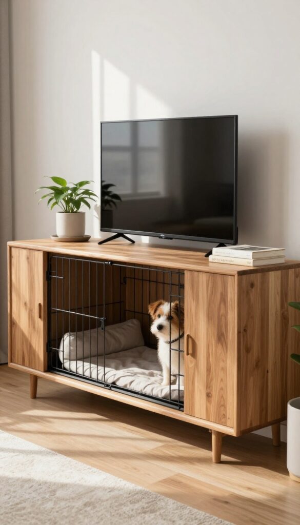 A dog crate disguised as a TV stand in a bright living room, with the crate doors open and a dog inside.