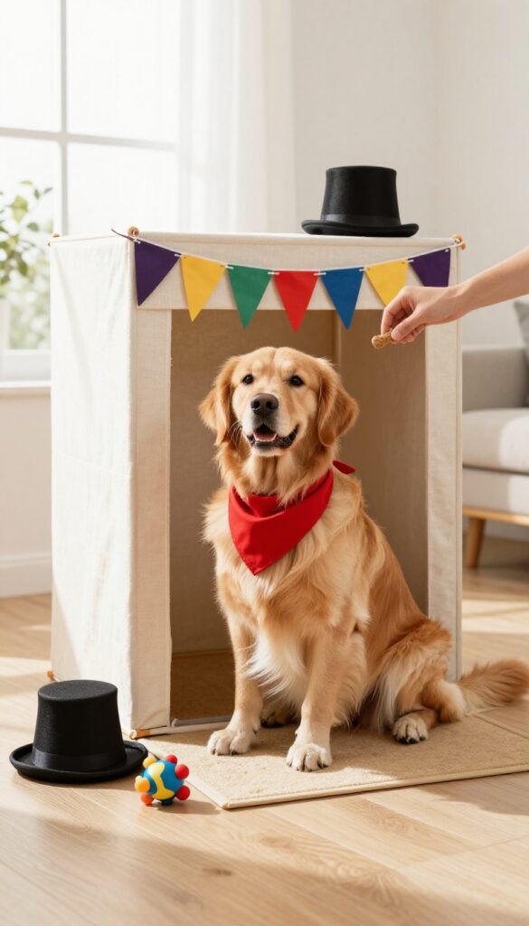 Dog wearing a red bandana sitting in a photo booth with bunting backdrop and props nearby, bright natural light.