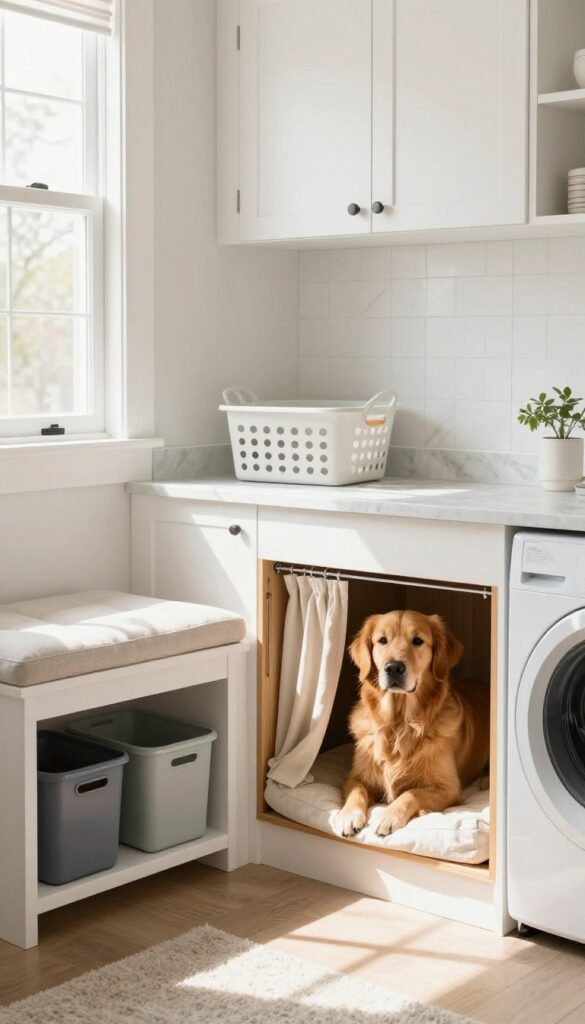 Built-in bench with under-seat dog kennel and storage in a laundry room