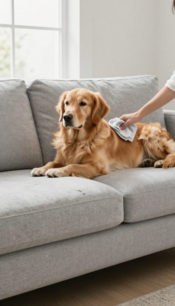 Dog lounging on a performance fabric sofa while a person wipes a stain, showcasing fur and stain resistance.