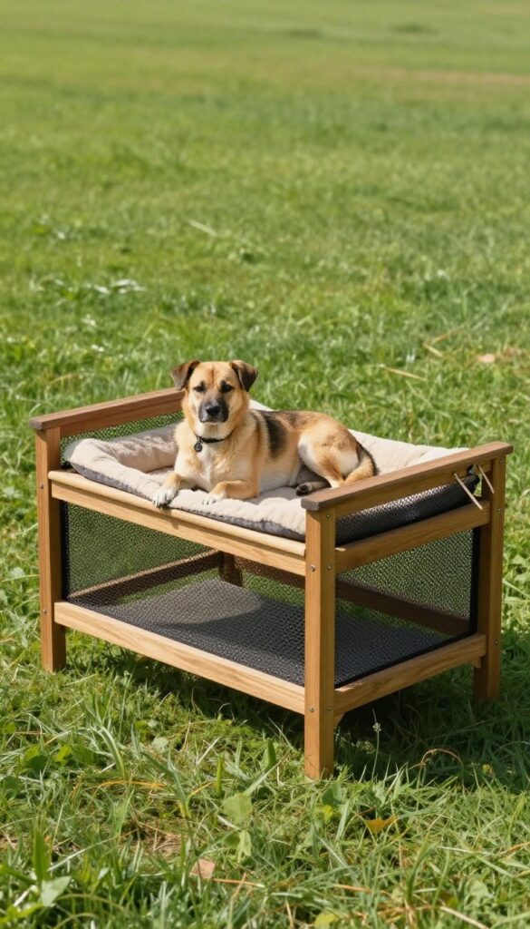 Repurposed patio table kennel with mesh panels and dog relaxing underneath, shaded outdoor setting.