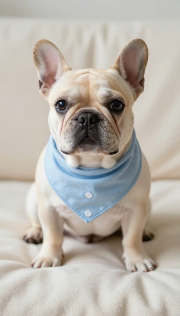 Small French Bulldog puppy with round face and bright eyes wearing a button-print bandana
