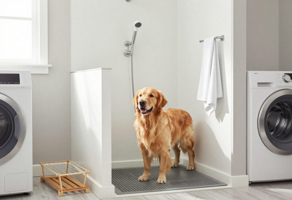 Mud room with dog wash station and golden retriever