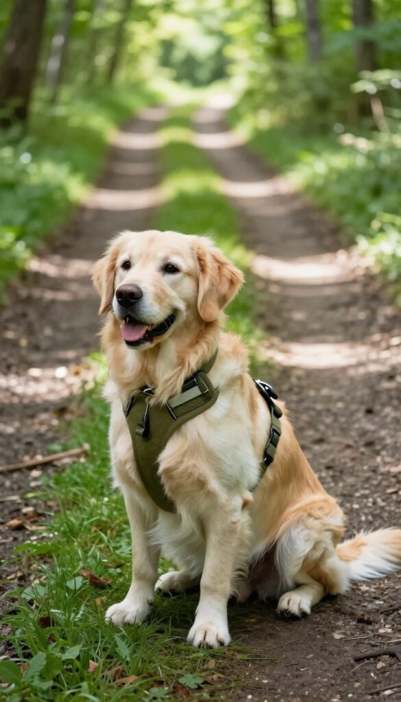 Golden Retriever named Cooper wearing olive green harness on a forest trail, looking back with a happy expression, bright natural light.