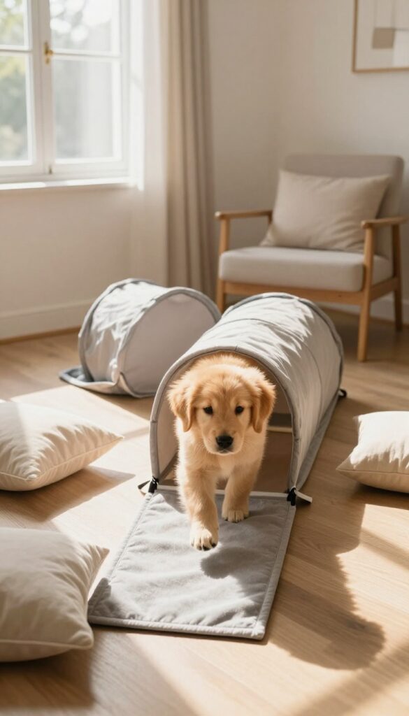 Golden retriever puppy in a DIY obstacle course with blanket tunnel and pillows in a bright living room