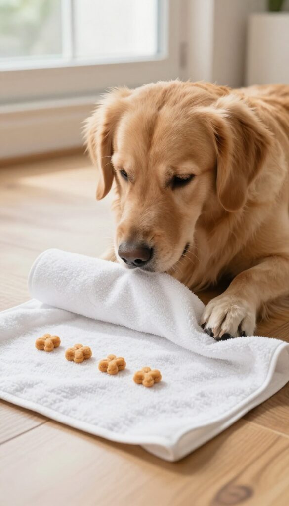 Dog unrolling a towel treat puzzle on a wooden floor.