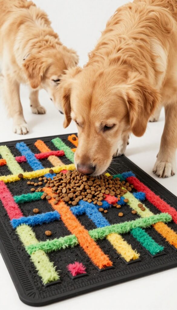 Dog sniffing kibble on a DIY snuffle mat made from a rubber sink mat and fleece strips.