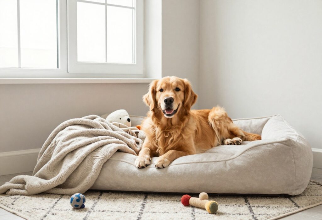 Cozy dog room corner with a plush bed and a golden retriever relaxing.