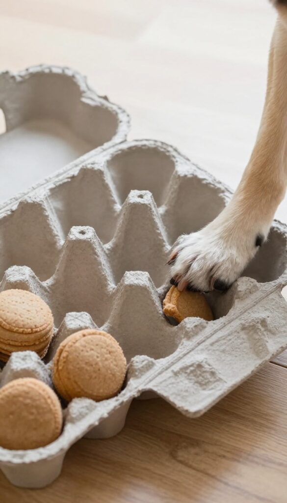 Dog playing with an egg carton foraging game, sniffing and pawing at treats inside.