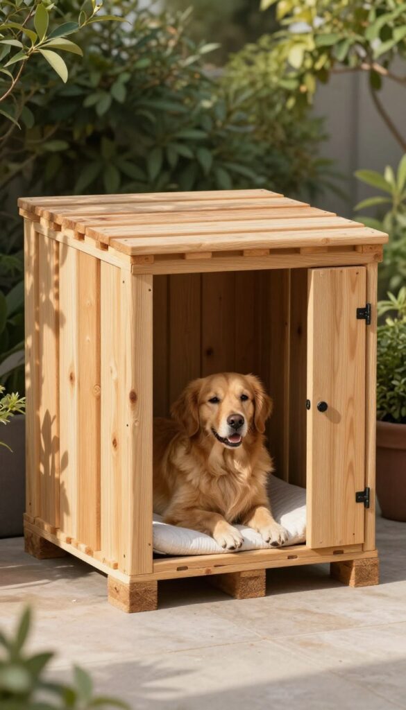 DIY pallet dog kennel with sealed finish, rustic and clean, with a golden retriever resting inside on a cushion.