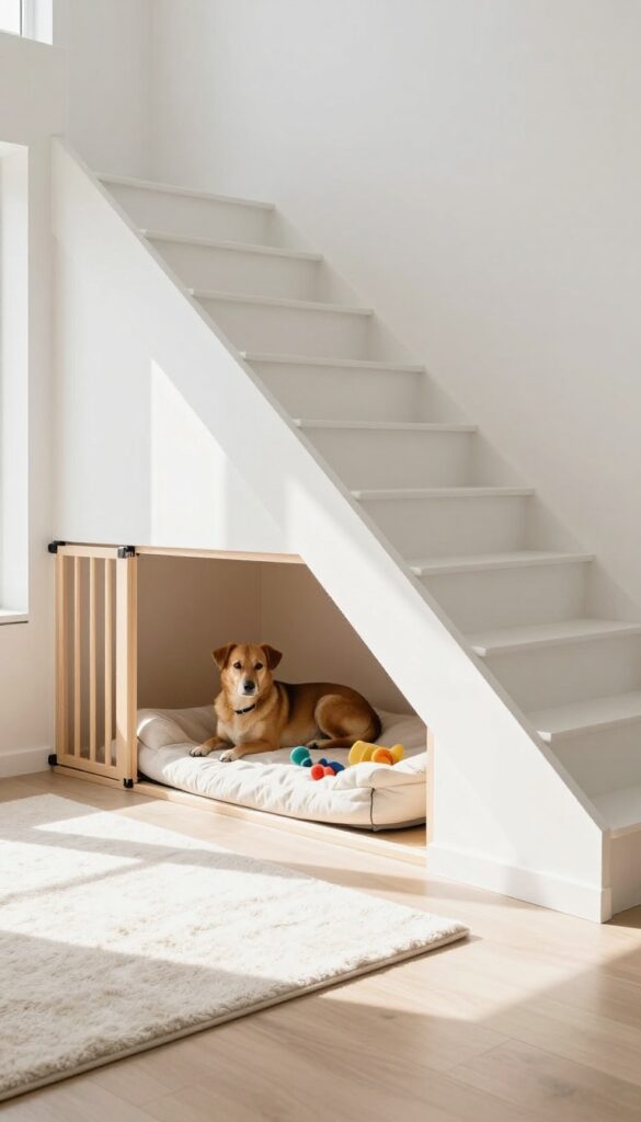 Open-concept under-stairs dog kennel with a decorative gate, cozy bed, and natural light.