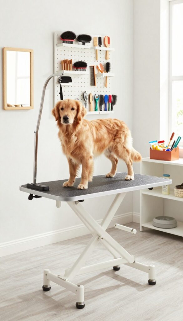 Dog grooming station in mudroom with grooming table and tools