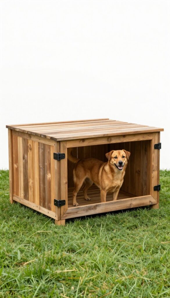 Dog run made from repurposed old wooden fencing panels in a backyard