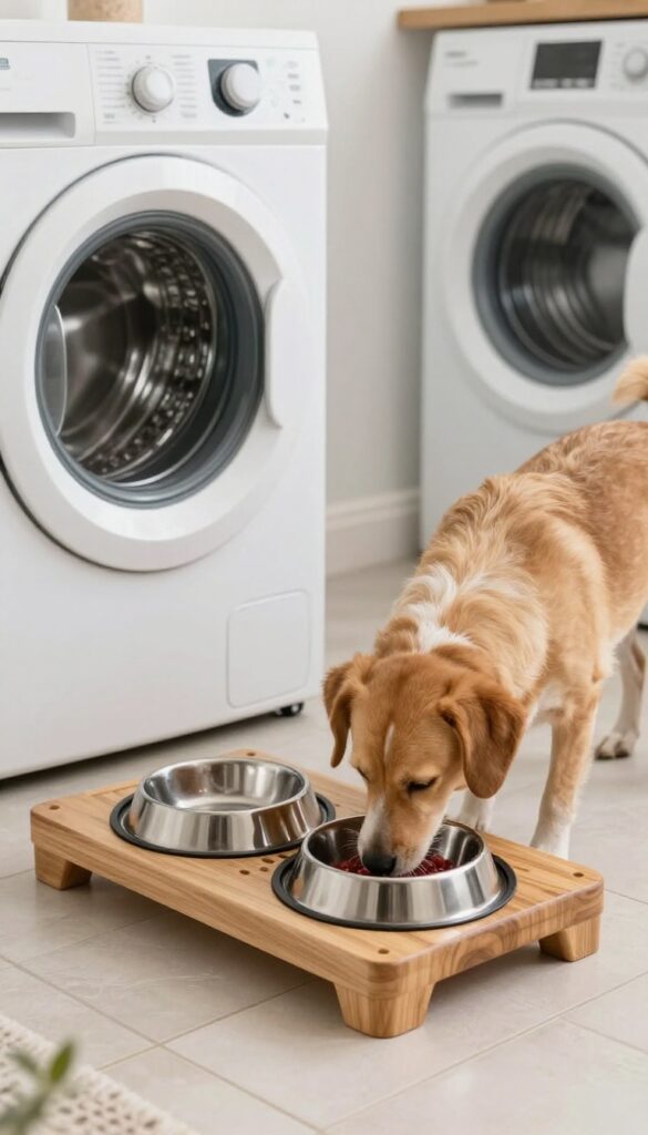 Raised feeding station in a laundry room with dog eating from elevated bowls