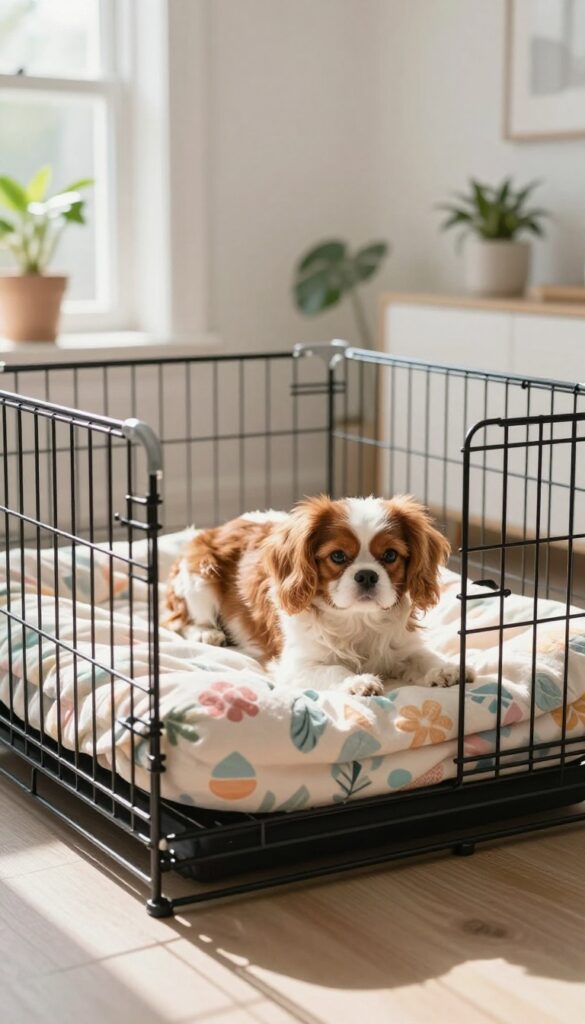 Small fluffy dog resting on a patterned blanket inside a crate in a sunlit room