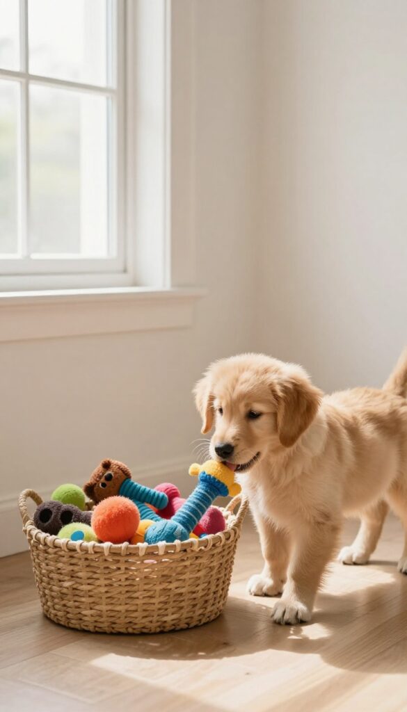 Puppy accessing low toy bin in bright room