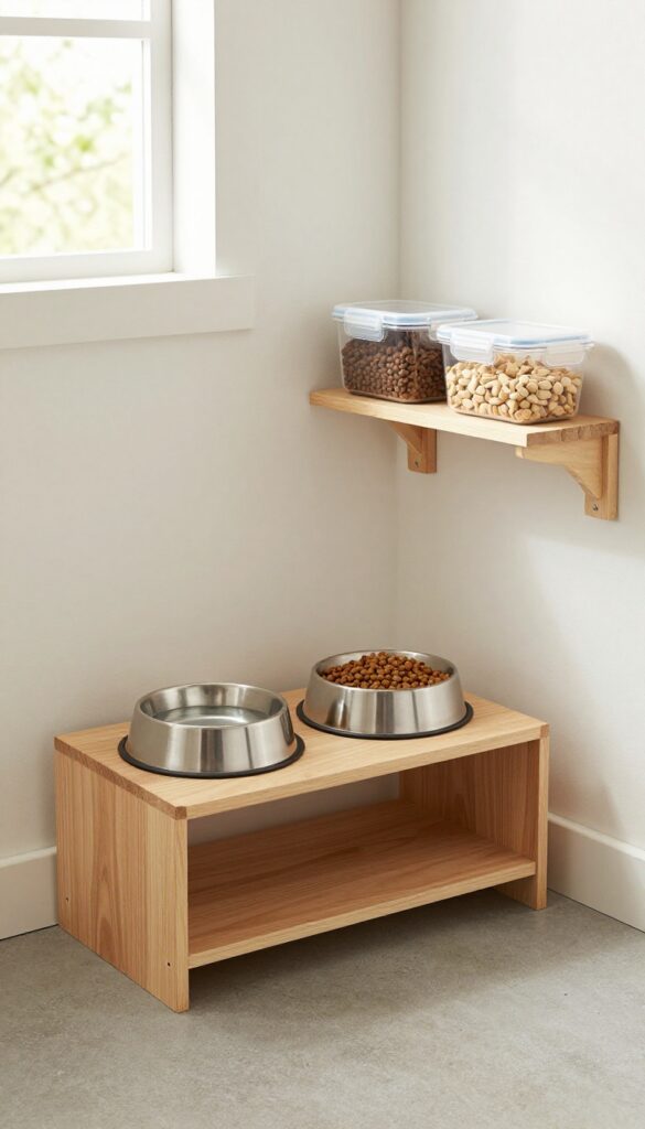 A garage feeding station with elevated bowls on a low cabinet and food storage on a shelf above.
