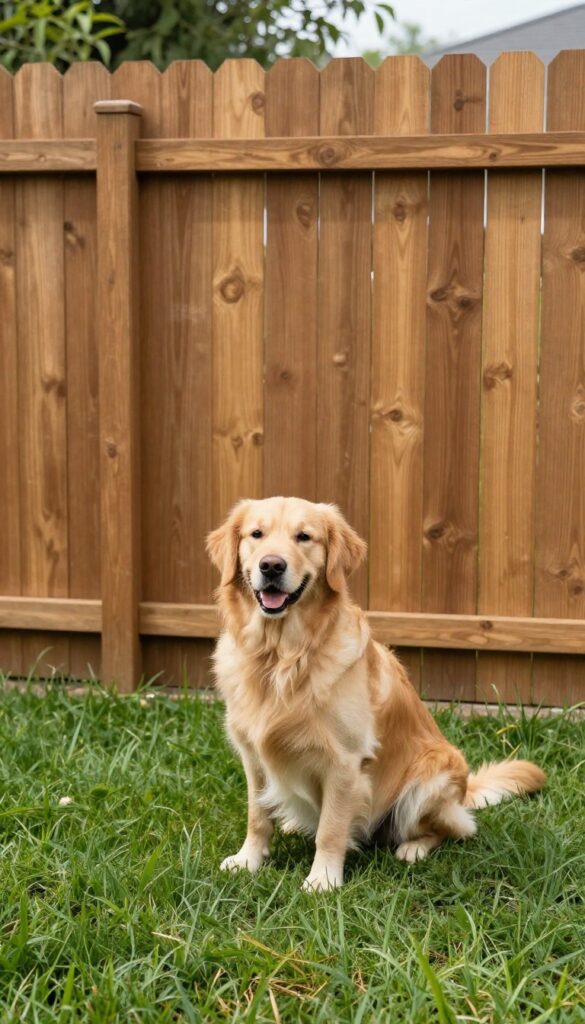 Secure fencing in a backyard with a happy dog sitting nearby, ensuring safety and freedom.