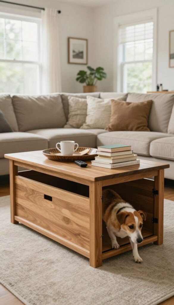 Dog crate converted into a coffee table with a tray on top, dog entering crate, in a bright living room.