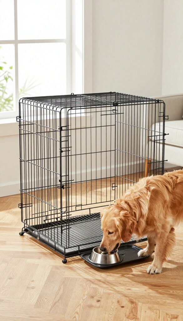Large dog crate with built-in feeding station, dog eating from bowls on side table, clean setup