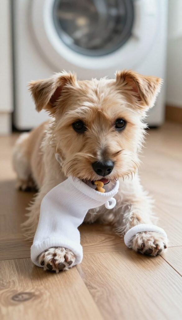 Dog playing sock hide-and-seek puzzle game with treats inside knotted sock