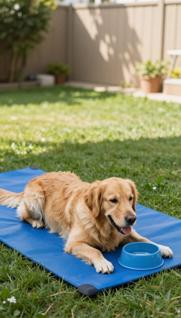 A dog resting on a cooling mat under a shaded canopy in a sunny backyard.