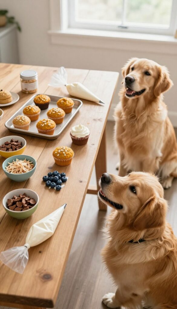 Dog cupcake decorating station with plain cupcakes, yogurt frosting, and colorful toppings, a golden retriever watching from the floor, bright natural light.