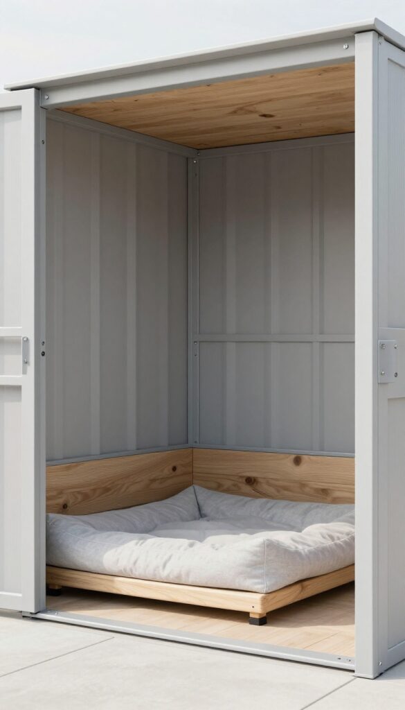 Modern minimalist dog kennel with clean lines and neutral tones in a sunny backyard