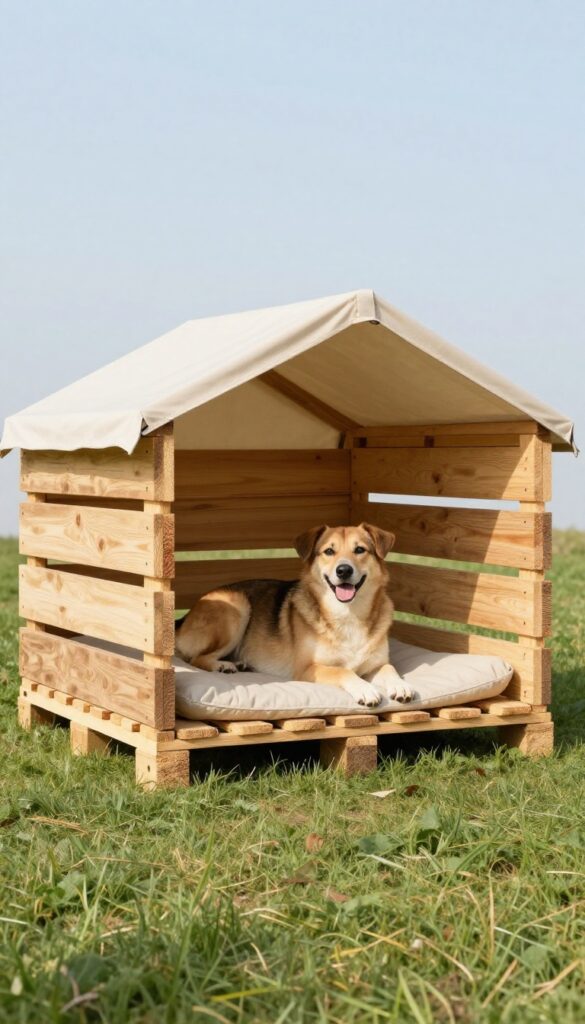 DIY pallet dog kennel with shade canopy in a small sunny yard